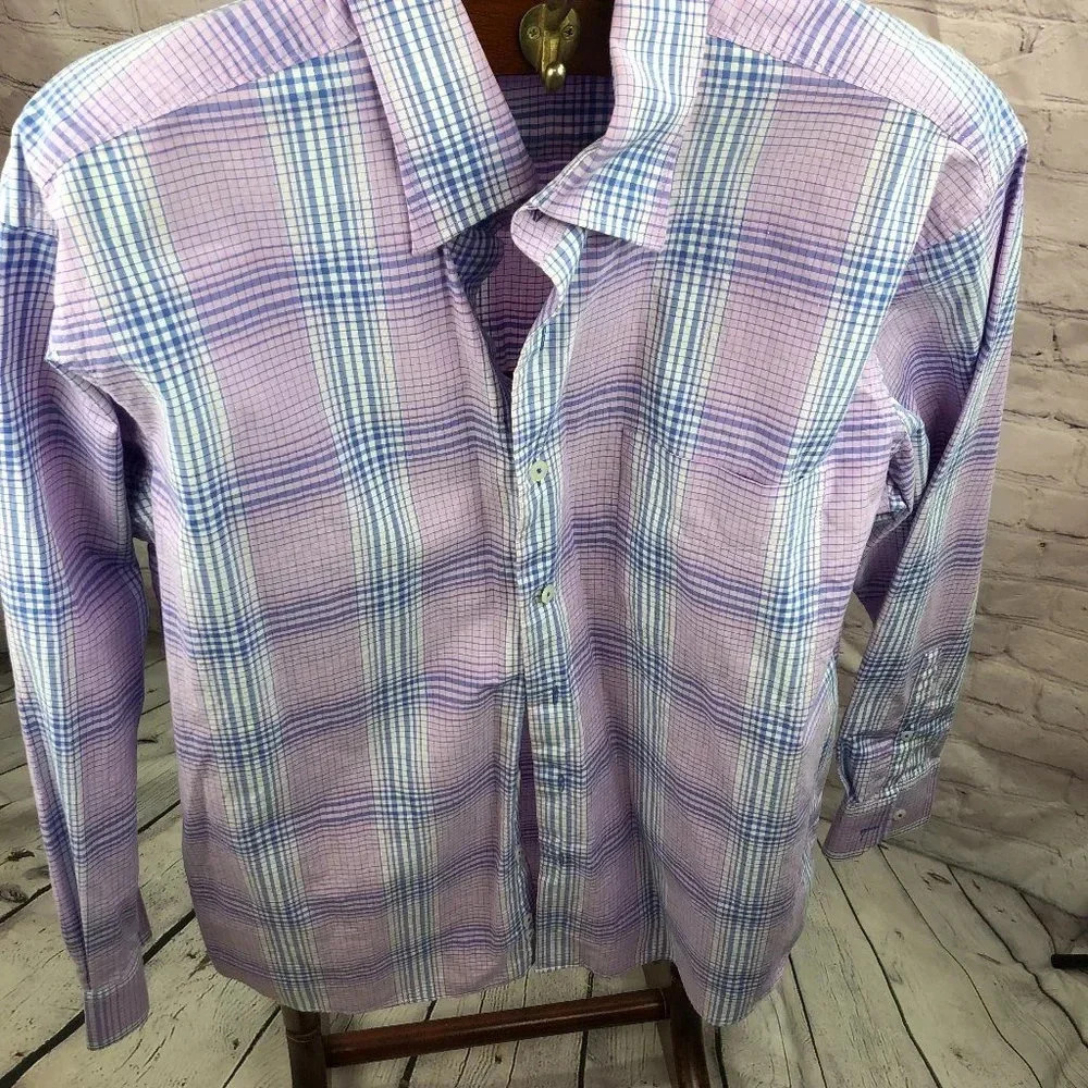 alan flusser purple plaid button down shirt size large business casual office